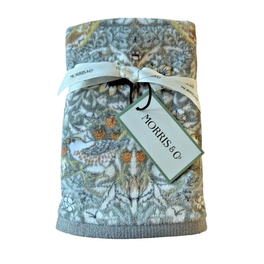Morris & Co Strawberry Thief Hand Towels Set of 2 Plush Gray Clay 100% Cotton